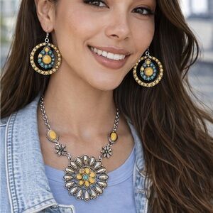 Paparazzi Yellow, turquoise and Silver Floral Necklace Set